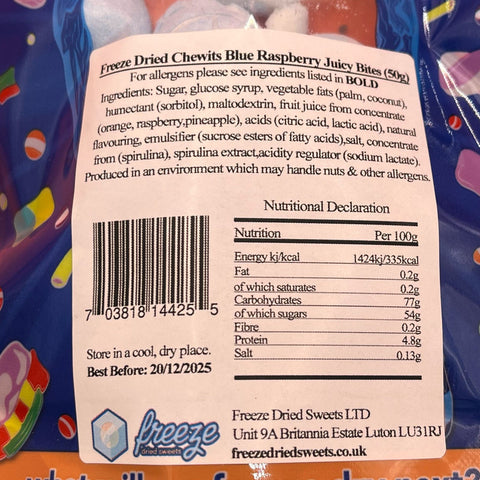 Chewits Blue Raspberry Juicy Bites (Jelly filled Bon Bons) 50g - Freeze Dried Sweets - Vegetarian, Halal, Vegan, Gluten & Dairy Free